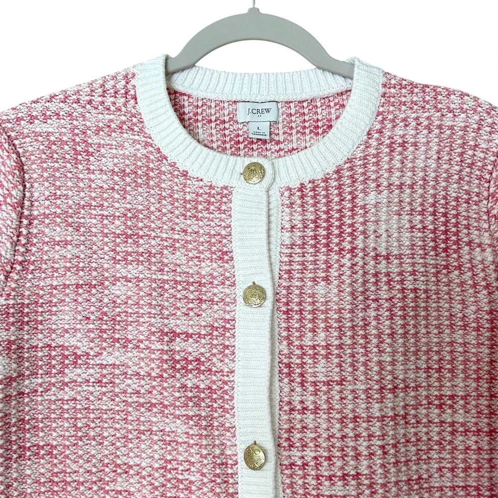 J.Crew Lady Cardigan Sweater‎ Womens Size L Pink White Tweed Knit Gold Buttons